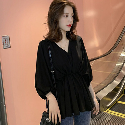 

Women Spring V-neck Elegant Blouses Lantern Sleeve Elastic Waist Blouses Shirts Office Lady Solid Color Female Chiffon Blusa