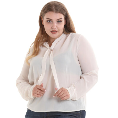 

Plus Size Women Chiffon Blouse Fashion Solid Color Long Sleeve Lace Up Blouse Shirt femme 4  White Casual Tops camisa feminina