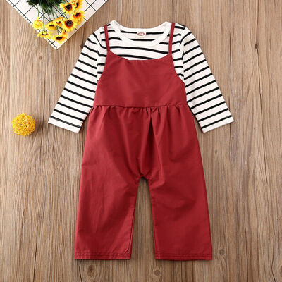 

Toddler Baby Girl Clothes Striped Tops T-shirtBib Pants Casual Outfits Set
