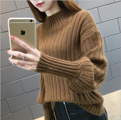 

2018 new autumn&winter extra thick lantern sleeve waist top with bottom blouse top womens loose half high collar
