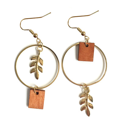 

Alloy Hook Metal Leaves Brown Rectangle Wood Vintage Asymmetric Earrings