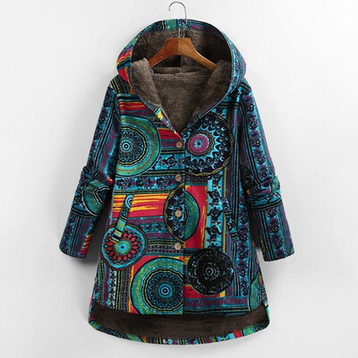 

Women Winter Plus Size Coat Fluffy Faux Fur Geometry Print Button Hooded Neck Long Sleeve Pockets Cotton Outwear Overcoat BlueRed