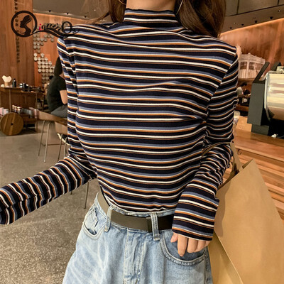 

Harajuku Women Tops High Collar Loose Long Sleeve Stripes Print T-Shirt Korean Style Bottoming Wild Casual Tops