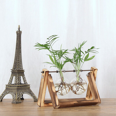 

Gobestart Creative Hydroponic Plant Transparent Vase Wooden Frame Coffee Shop Room Decr