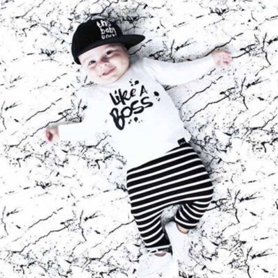 

Newborn Baby Boy Clothes Set Cotton Long-sleeved Party Letter T-shirtStripe pants 2pcs