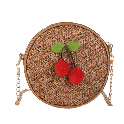 

Fashion Women Cherry Pendant Zip Chain Crossbody Shoulder Pouch Round Woven Bag