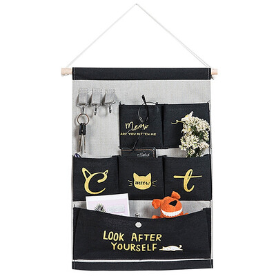 

Six Pockets Multi-function Linen Fabric Wall Door Hanging Storage Case Organizer Pockets Bag With Kitten Patterns