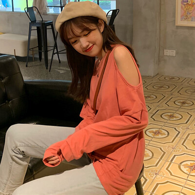 

Women Sexy Off-shoulder Slim T-shirt Tops Round Collar Solid Color Thin Section Long Sleeve Tops