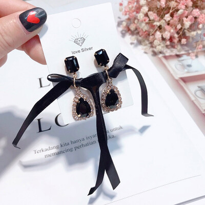 

Hot Korean New Trendy Jewelry Big Bowknot Water Drop 3 Colors Crystal Earrings For Women Personality Rhinestone Earrings