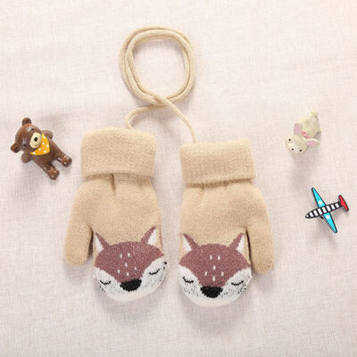 

Cute Cartoon Bear Baby Gloves Winter Wool Plus Thick Full Rope Finger Mittens Warm Knitted Gloves