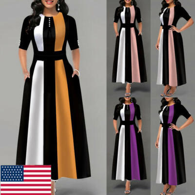 

US Fashion Women Summer Vintage A-Line Dress Long Half Sleeve Stripe Dress