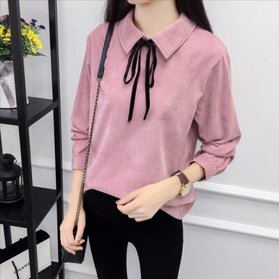 

Autumn Long Sleeve Women Shirt Office Lady Bow Woman Shirt Corduroy Plus Thick Solid Color Women Blouses Turn-Down Collar Top