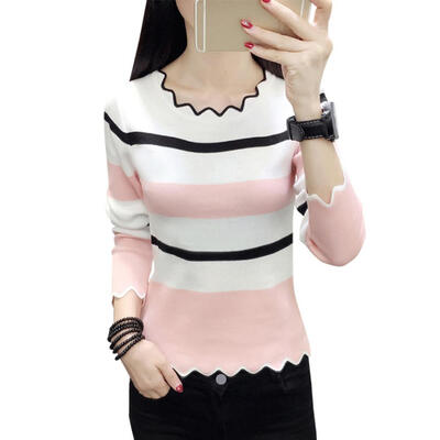 

Autumn Women Knit Bottom Shirt Stripe Long Sleeve O-neck Wavy Edge Tops