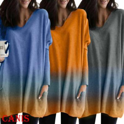 

Women Autumn Casual Sweater Gradient Color Long Sleeve T-Shirt Tunic Blouse Tops
