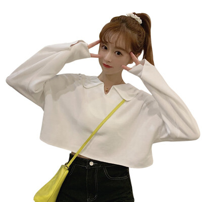 

Solid Color T Shirt Women Fashion Exposed Navel T-Shirt Solid Color Lapel Long Sleeved Casual Shirt Wild Tops