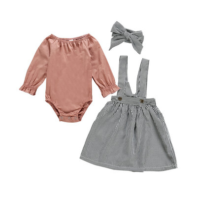 

Newest baby girl clothes Long Sleeve O-Neck RomperStriped Dress Print Bow Headband baby girl clothes set AB