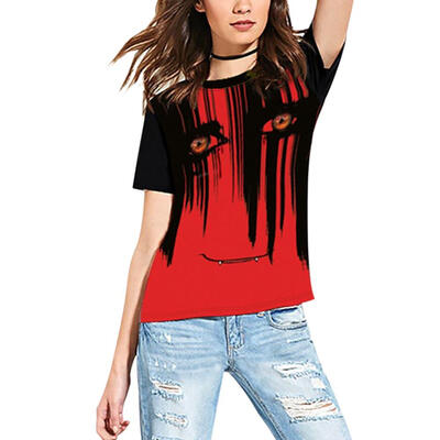 

2019 Women Halloween Grimace Print T-Shirt Fashion Round Collar Short Sleeved Bottoming Slim Tees New Casual Tops