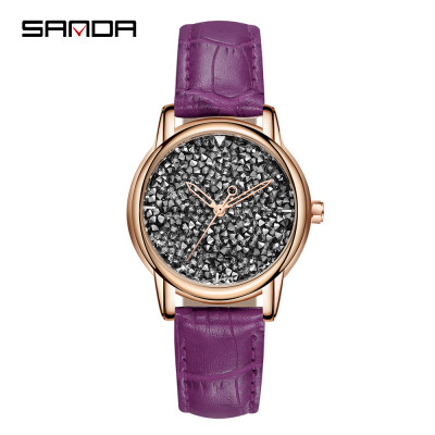 

SANDA P221 Simple Women Watch Leather Diamond Quartz Movement Watch Waterproof Casual Clock Wristwatch for Female