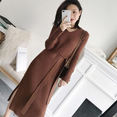 

Women Autumn Knit Dress Sashes Slim Waist Long Sleeve V-neck Bottom Vestidos Lady Slim Stretch Knitwear Dresses
