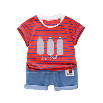 

Summer Kids Boys Short Sleeve Stripe Letter Print T-shirtDenim Shorts Children Casual Outfits Sets 6M-4T