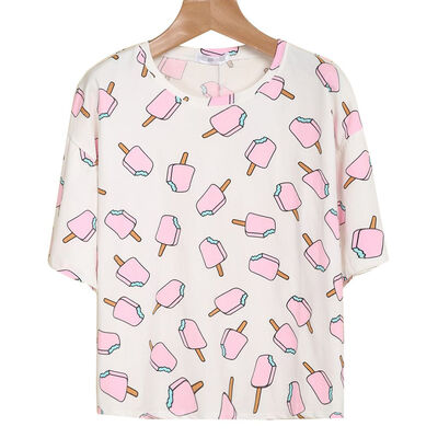 

Women Ice Cream Print T Shirt Short Sleeve O-neck Girl Top Loose Cartoon Tees