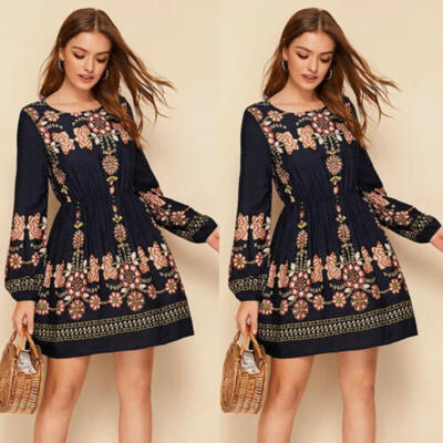 

Autumn Womens Floral Chiffon Long Sleeve Casual Vintage Boho Mini Dress UK