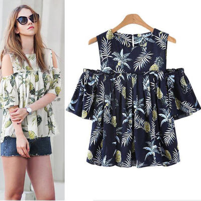 

Large Size  Summer Printing Womens T-shirts Strapless Fold Section Europe And The United States O-Neck Sweet T-shirt