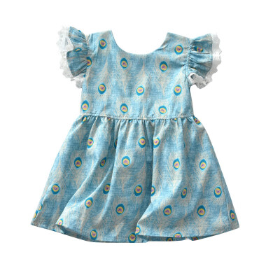 

3-8T Newly Fashion Summer Hot Sale Baby Girls Casual Cute Flying Sleeve Dress Girls Peacock Print Short Sleeve Dresses