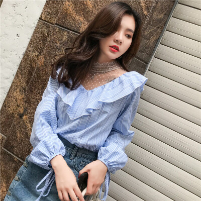 

Long Yue womens 2019 spring new long-sleeved shirt female lace bottoming shirt Korean chiffon shirt LWCC191405 blue