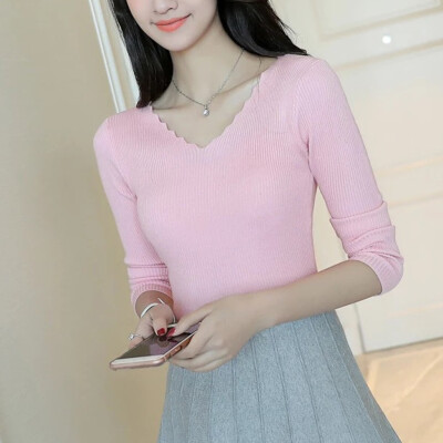 

Tailored Fashion Women Top V-Neck Pure Color Elegant Long Sleeve Casual Blouse