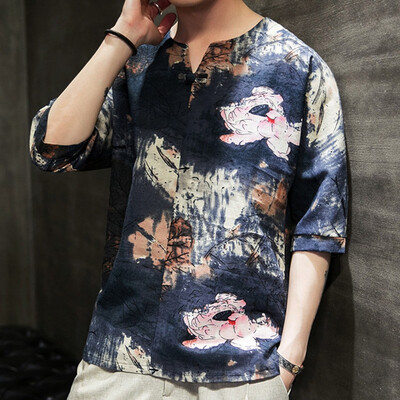 

Toponeto Mens Ethnic Style Tie Dye Half Sleeve Casual Cotton Linen Printing Shirt Blouse