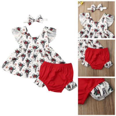 

Christmas Newborn Kid Baby Girl Deer Tops Dress Shorts Pants Headband Outfit Set