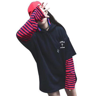 

Fashion Women Long Sleeve Striped Drawstring Fake Two-Piece T-Shirt Hoodies