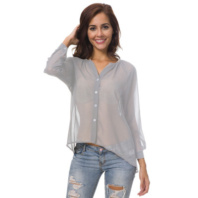 

Chiffon Shirts New Transparent Blouse V Neck Long Sleeve Button Top Solid Thin Womens Blouse Summer Casual Top