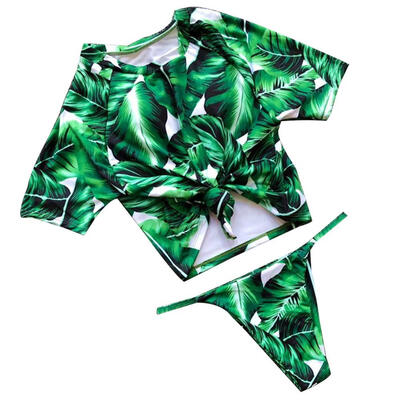 

Womens Short Sleeve Front Knot Crop Rash Guard Bikini Set NEW
