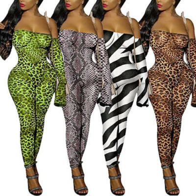 

UK STOCK Women Off Shoulder Long Sleeve Animal Print Bodycon Jumpsuit Romper Top