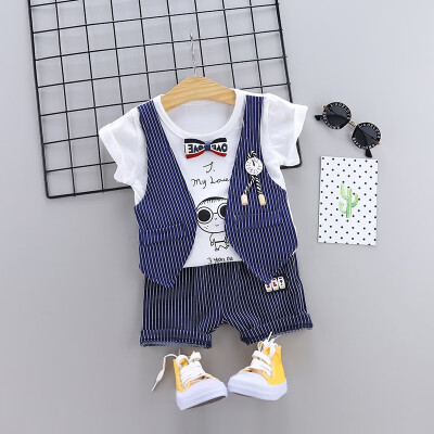 

Summer Boy Clothes Set Vest Fake Two-Piece Short Sleeve t-Shirt Round Collar Casual T-shirt Solid Color Pants Cartoon T-shirt