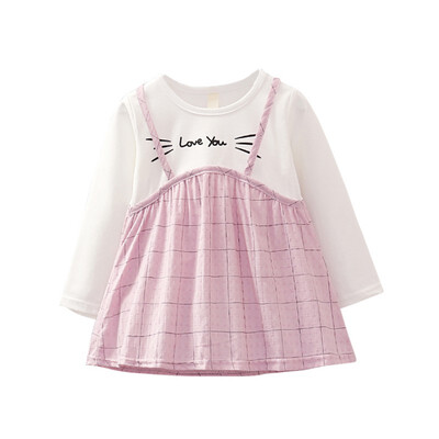 

Newborn Baby Girl Dress Spring Long-Sleeved Fake Two Suspenders Cartoon Baby Dress Girl Clothes Baby Dress