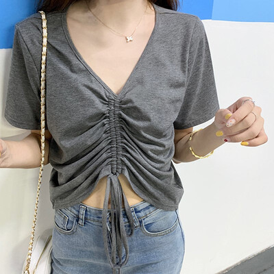 

Sexy V Neck Cropped Tank Tops Women Drawstring Tie Up Front Camis Candy Colors Streetwear Loose Crop Top