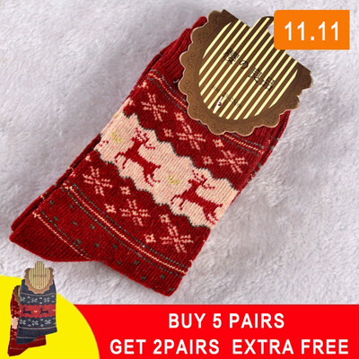 

5 pair Winter Women Socks Warm Wool Christmas Mid-calf Socks Woolen Snowflake Deer Comfortable Gift