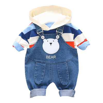 

Cute Toddler Newborn Boy Autumn Outfits Long Sleeve Stripe Print Hoodie TopCartoon Strap Trousers Casual Sets