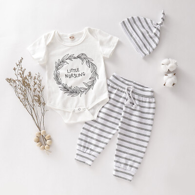 

3Pcs Summer Baby Girl Boy Adorable Short Sleeve Letters Romper Tops Stripe Pattern Trousers Hat Outfits Clothes