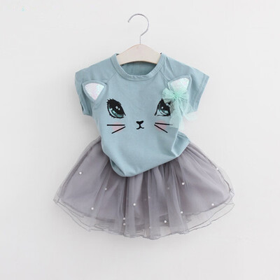 

Girls Sweet Cute Clothing Sets Summer Fashion Style Cartoon Kitten Printed T-ShirtsNet Veil Dress 2Pcs Girls Clothes Sets