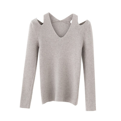 

New Slim Solid Color Off The Shoulder Sweater Korean Style Sexy V-neck Long Sleeve Women Knit Pullover For Autumn