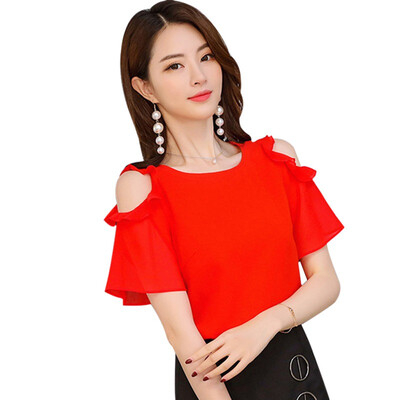 

Korean New Fashion Personality Ruffled Off-the-shoulder Short-sleeved Chiffon Shirt