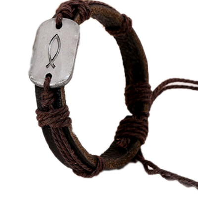 

Fashion Punk Retro Personality Fish Logo Alloy PU Leather Bracelet Gift New