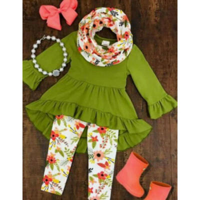 

Flower Kids Baby Girl Tops Mini DressLeggingsScarf 3Pcs Outfits Cotton Clothes