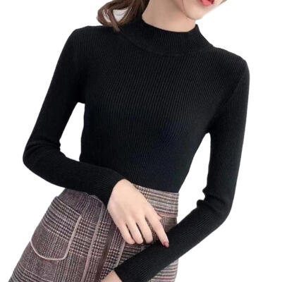 

Autumn Women Knitted Base Shirt Half High Collar Slim Solid Color Bottoming