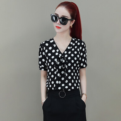 

Summer Sweet Slim Womens Blouse Bow Decoration Polka Dot Chiffon Shirt V-Neck Casual Short Sleeve Womens Blouse