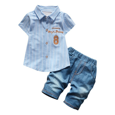 

Summer Children Baby Boys Casual Short Sleeve Letter Embroidery Stripe Shirt Tops Denim Shorts Costume Set